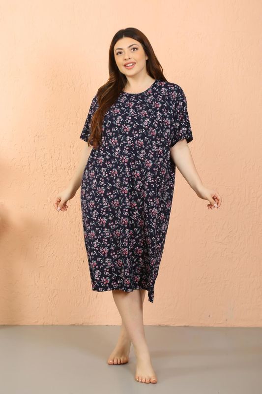 Moda Çizgi Kadın Büyük Beden Penye Kısa Kol Lacivert Gecelik 12503 - 3
