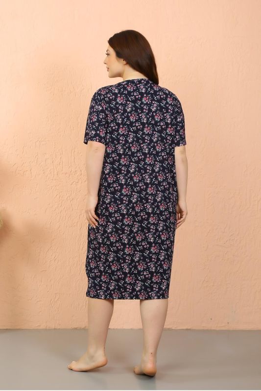Moda Çizgi Kadın Büyük Beden Penye Kısa Kol Lacivert Gecelik 12503 - 7