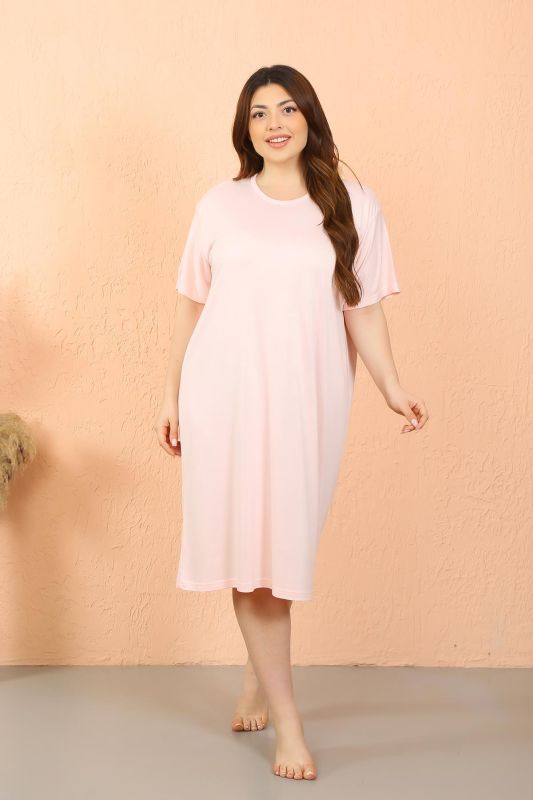 Moda Çizgi Kadın Büyük Beden Penye Kısa Kol Pembe Gecelik 12502 - 5