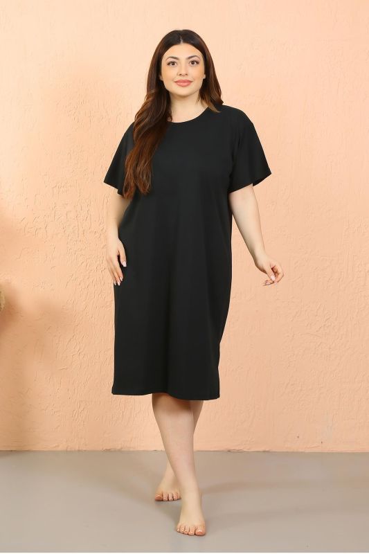 Moda Çizgi Kadın Büyük Beden Penye Kısa Kol Siyah Gecelik 12502 - 1