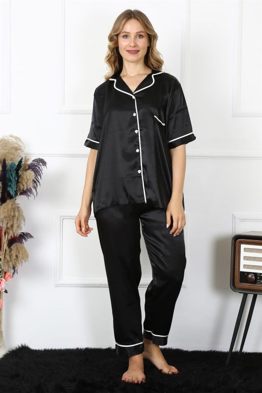 Moda Çizgi Kadın Büyük Beden Siyah Saten Pijama Takımı 10303 - 1