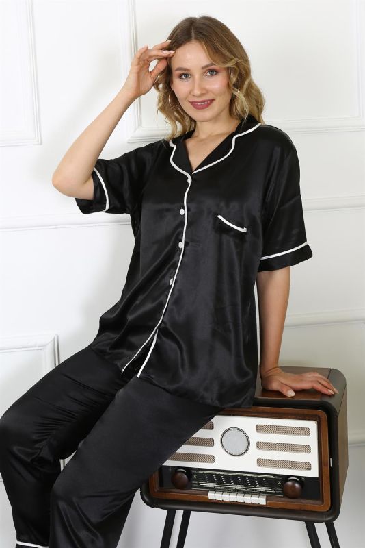 Moda Çizgi Kadın Büyük Beden Siyah Saten Pijama Takımı 10303 - 3