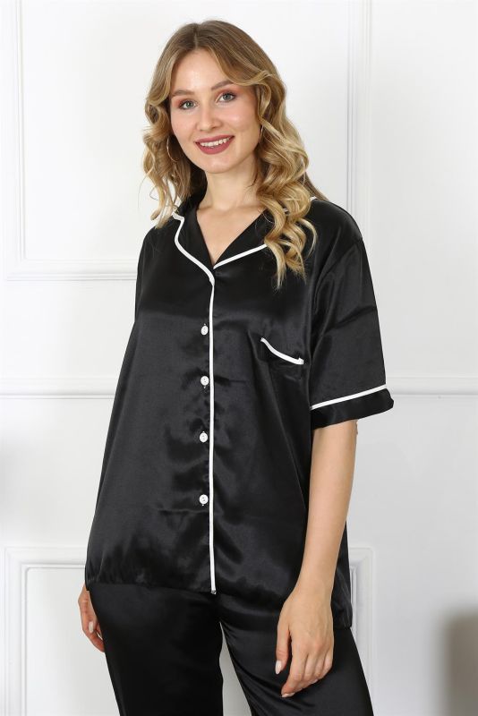 Moda Çizgi Kadın Büyük Beden Siyah Saten Pijama Takımı 10303 - 4