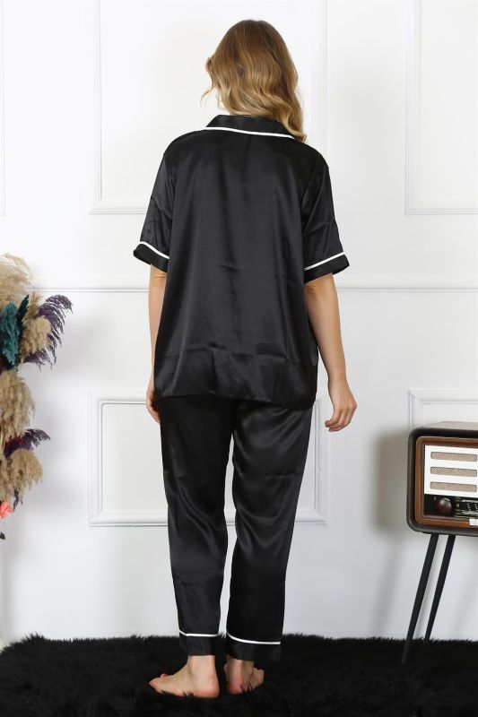 Moda Çizgi Kadın Büyük Beden Siyah Saten Pijama Takımı 10303 - 5