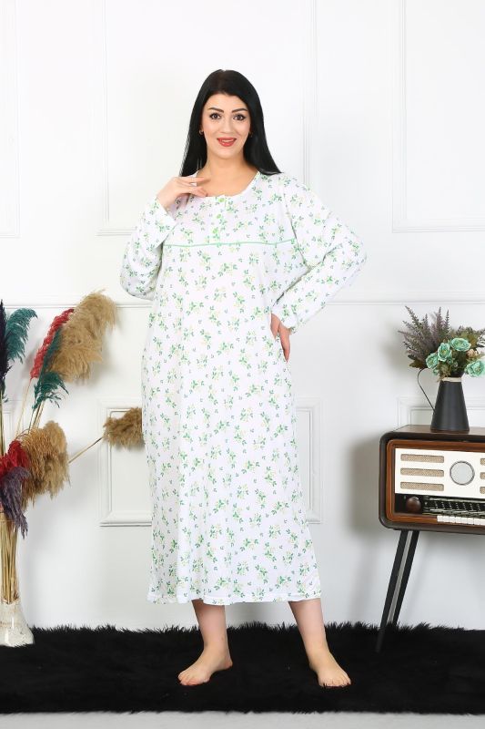 Moda Çizgi Kadın Büyük Beden Uzun Kol Beyaz Anne Gecelik 1363 - 1