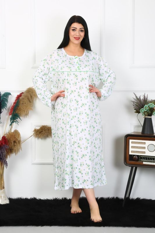 Moda Çizgi Kadın Büyük Beden Uzun Kol Beyaz Anne Gecelik 1363 - 2