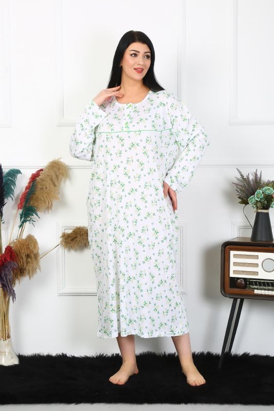 Moda Çizgi Kadın Büyük Beden Uzun Kol Beyaz Anne Gecelik 1363 - 3