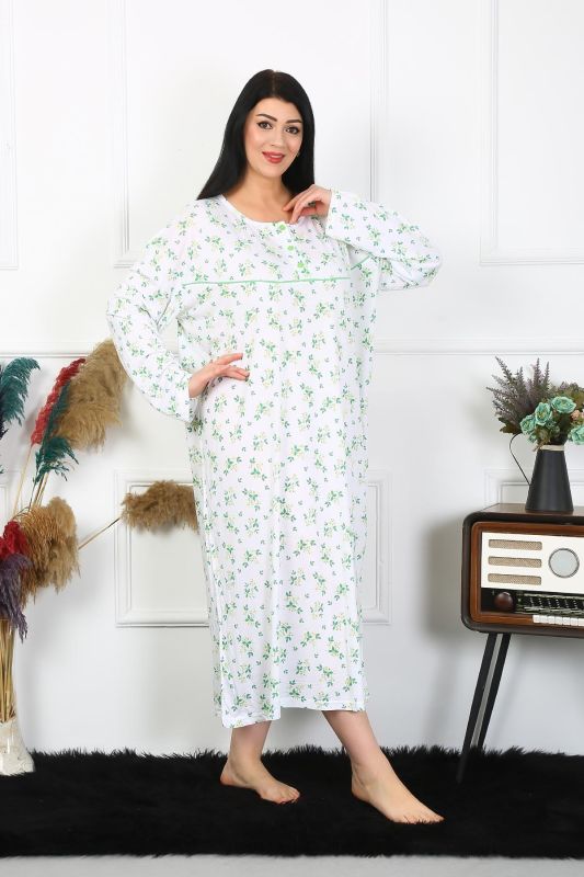 Moda Çizgi Kadın Büyük Beden Uzun Kol Beyaz Anne Gecelik 1363 - 4