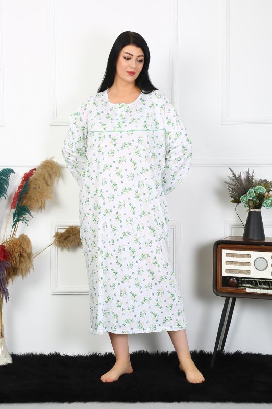 Moda Çizgi Kadın Büyük Beden Uzun Kol Beyaz Anne Gecelik 1363 - 5