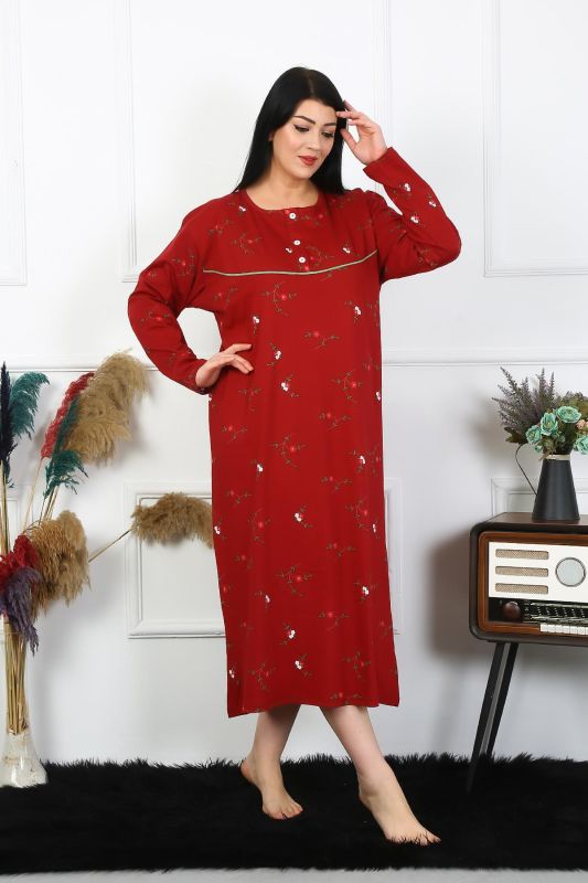 Moda Çizgi Kadın Büyük Beden Uzun Kol Bordo Anne Gecelik 1364 - 1