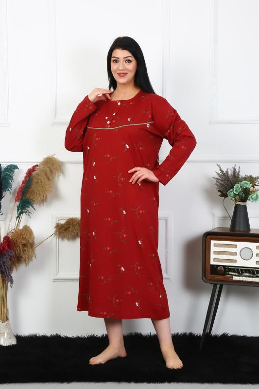 Moda Çizgi Kadın Büyük Beden Uzun Kol Bordo Anne Gecelik 1364 - 2