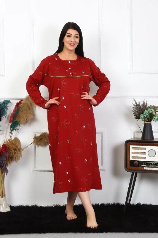 Moda Çizgi Kadın Büyük Beden Uzun Kol Bordo Anne Gecelik 1364 - 3