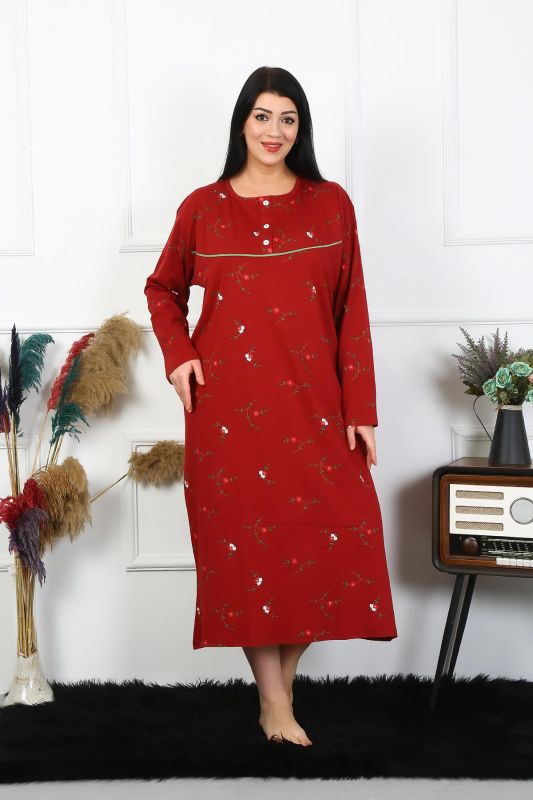 Moda Çizgi Kadın Büyük Beden Uzun Kol Bordo Anne Gecelik 1364 - 4