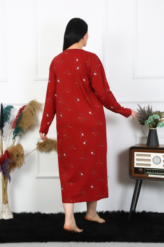 Moda Çizgi Kadın Büyük Beden Uzun Kol Bordo Anne Gecelik 1364 - 5