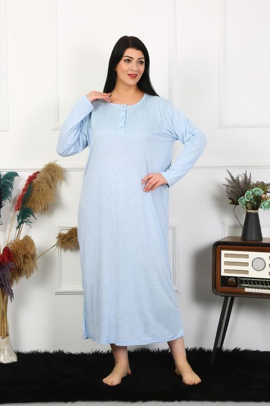 Moda Çizgi Kadın Büyük Beden Uzun Kol Dantelli Mavi Anne Gecelik 1361 - 1