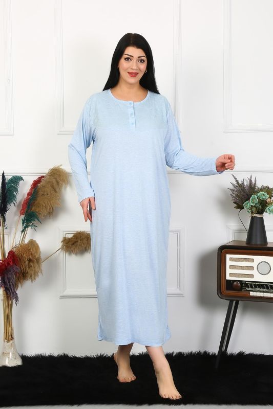 Moda Çizgi Kadın Büyük Beden Uzun Kol Dantelli Mavi Anne Gecelik 1361 - 2