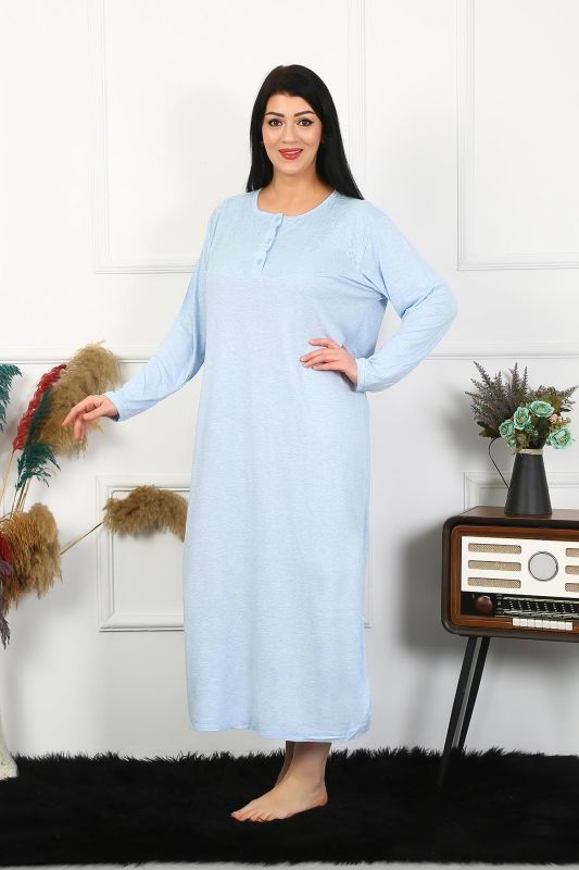 Moda Çizgi Kadın Büyük Beden Uzun Kol Dantelli Mavi Anne Gecelik 1361 - 3