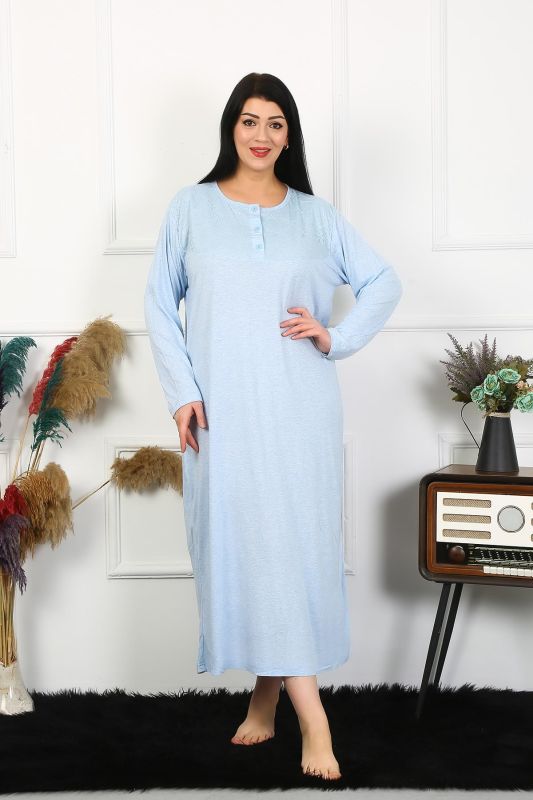 Moda Çizgi Kadın Büyük Beden Uzun Kol Dantelli Mavi Anne Gecelik 1361 - 4