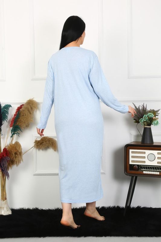 Moda Çizgi Kadın Büyük Beden Uzun Kol Dantelli Mavi Anne Gecelik 1361 - 5