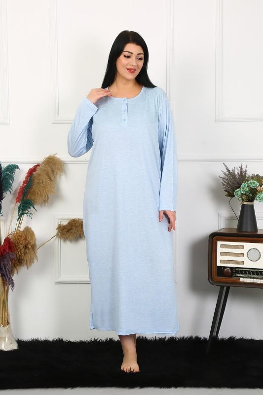 Moda Çizgi Kadın Büyük Beden Uzun Kol Dantelli Mavi Anne Gecelik 1361 - 6
