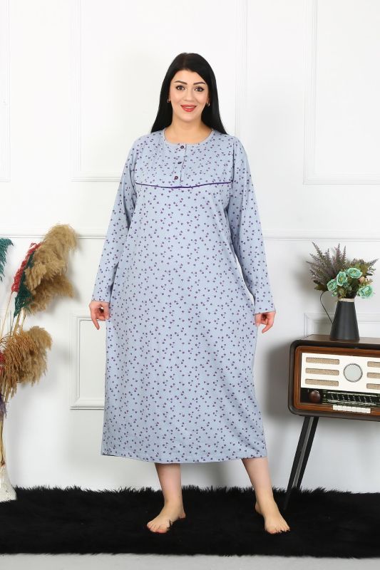 Moda Çizgi Kadın Büyük Beden Uzun Kol İndigo Anne Gecelik 1366 - 1