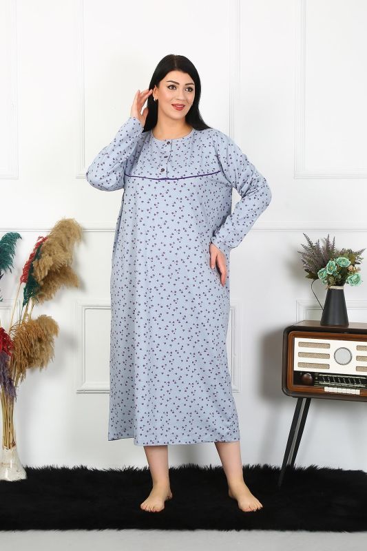 Moda Çizgi Kadın Büyük Beden Uzun Kol İndigo Anne Gecelik 1366 - 2