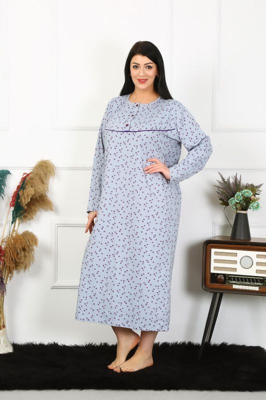 Moda Çizgi Kadın Büyük Beden Uzun Kol İndigo Anne Gecelik 1366 - 3