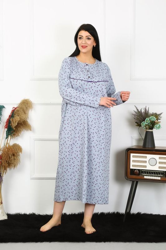 Moda Çizgi Kadın Büyük Beden Uzun Kol İndigo Anne Gecelik 1366 - 5