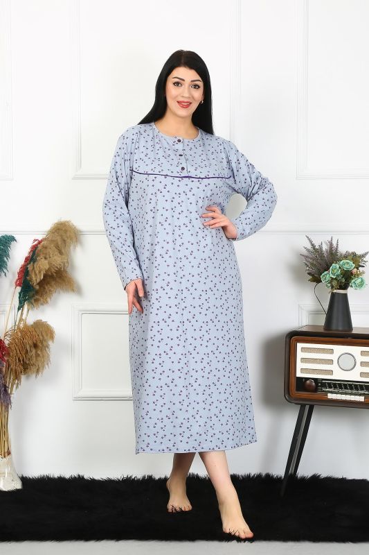 Moda Çizgi Kadın Büyük Beden Uzun Kol İndigo Anne Gecelik 1366 - 6
