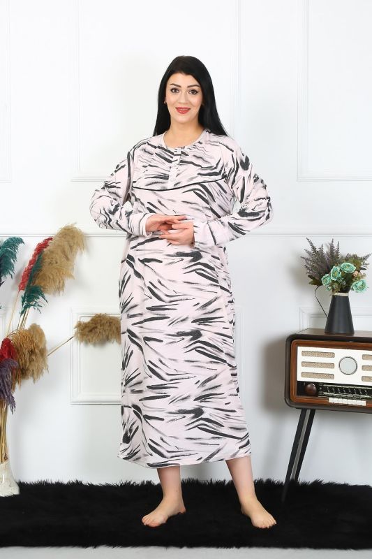 Moda Çizgi Kadın Büyük Beden Uzun Kol Krem Anne Gecelik 1362 - 4