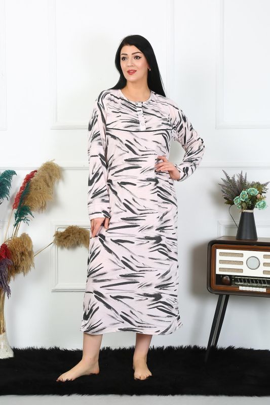 Moda Çizgi Kadın Büyük Beden Uzun Kol Krem Anne Gecelik 1362 - 5