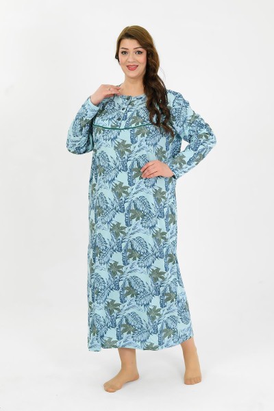 Moda Çizgi - Moda Çizgi Kadın Büyük Beden Uzun Kol Mavi Anne Gecelik 1378
