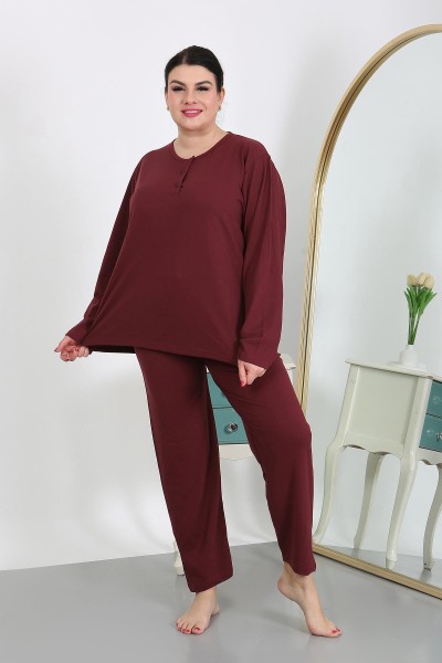  - Moda Çizgi Kadın Büyük Beden Uzun Kol Penye Pijama Takımı Bordo 202501