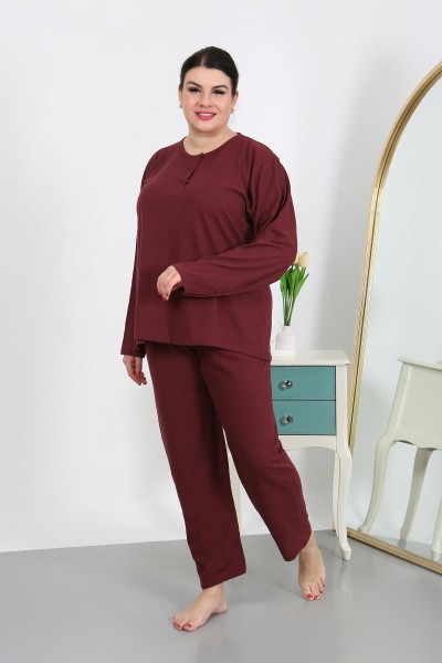 Moda Çizgi Kadın Büyük Beden Uzun Kol Penye Pijama Takımı Bordo 202501 - Thumbnail
