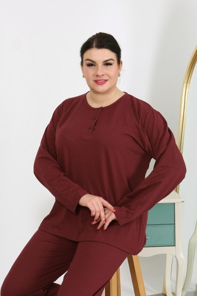 Moda Çizgi Kadın Büyük Beden Uzun Kol Penye Pijama Takımı Bordo 202501 - Thumbnail