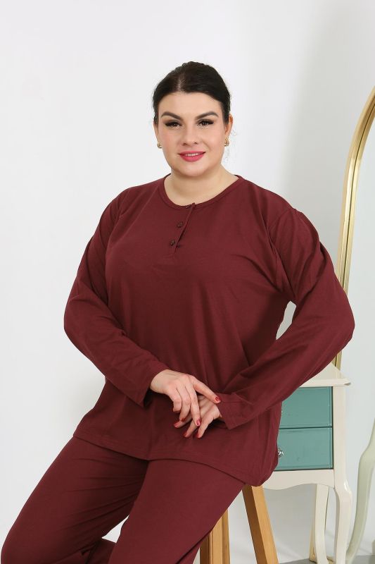 Moda Çizgi Kadın Büyük Beden Uzun Kol Penye Pijama Takımı Bordo 202501 - 4