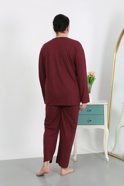 Moda Çizgi Kadın Büyük Beden Uzun Kol Penye Pijama Takımı Bordo 202501 - Thumbnail