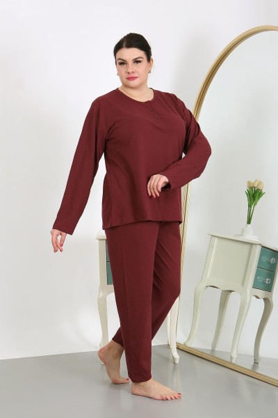 Moda Çizgi Kadın Büyük Beden Uzun Kol Penye Pijama Takımı Bordo 202501 - Thumbnail