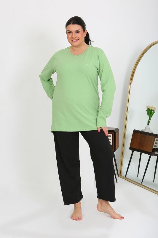 Moda Çizgi Kadın Büyük Beden Uzun Kol Penye Pijama Takımı Fıstık Yeşili 202408 - 1