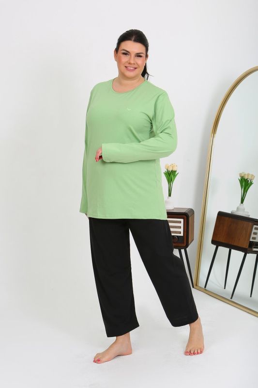 Moda Çizgi Kadın Büyük Beden Uzun Kol Penye Pijama Takımı Fıstık Yeşili 202408 - 2