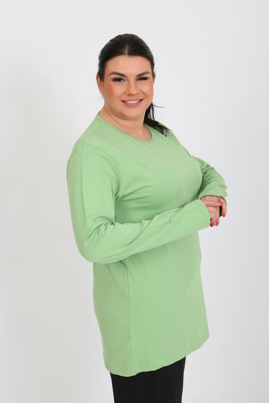 Moda Çizgi Kadın Büyük Beden Uzun Kol Penye Pijama Takımı Fıstık Yeşili 202408 - 3