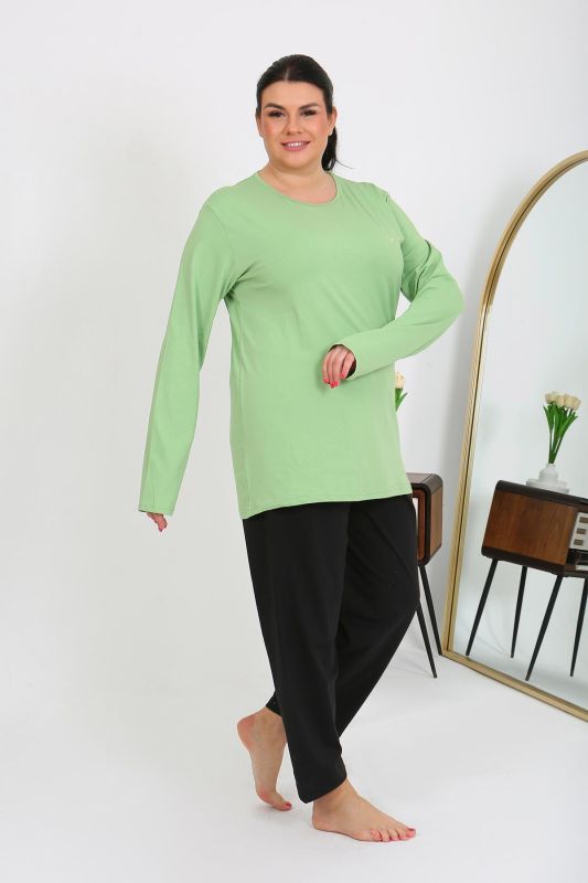 Moda Çizgi Kadın Büyük Beden Uzun Kol Penye Pijama Takımı Fıstık Yeşili 202408 - 4