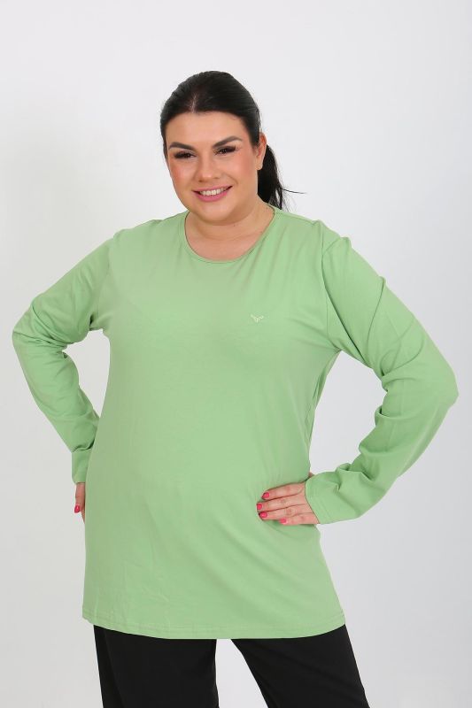 Moda Çizgi Kadın Büyük Beden Uzun Kol Penye Pijama Takımı Fıstık Yeşili 202408 - 5