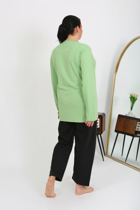 Moda Çizgi Kadın Büyük Beden Uzun Kol Penye Pijama Takımı Fıstık Yeşili 202408 - 6