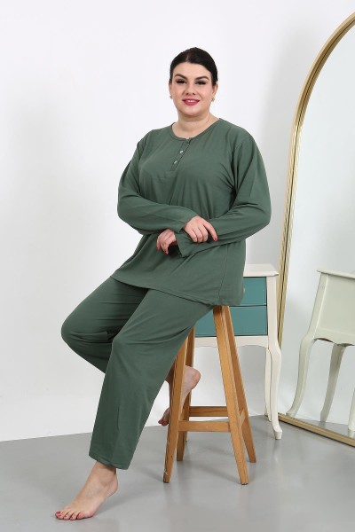 Moda Çizgi Kadın Büyük Beden Uzun Kol Penye Pijama Takımı Haki 202501 - Thumbnail