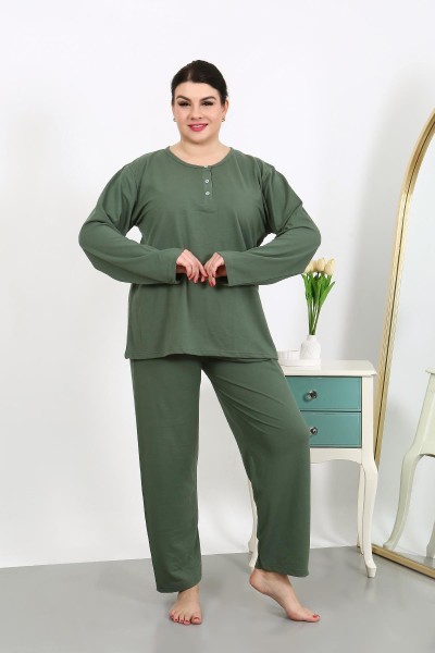 Moda Çizgi Kadın Büyük Beden Uzun Kol Penye Pijama Takımı Haki 202501 - Thumbnail
