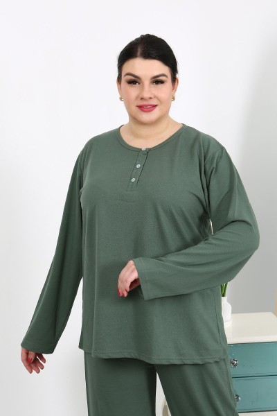 Moda Çizgi Kadın Büyük Beden Uzun Kol Penye Pijama Takımı Haki 202501 - Thumbnail