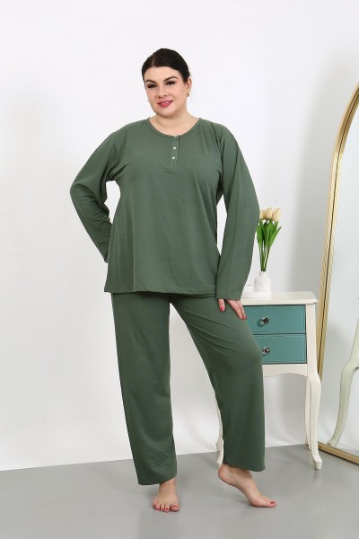 Moda Çizgi Kadın Büyük Beden Uzun Kol Penye Pijama Takımı Haki 202501 - Thumbnail