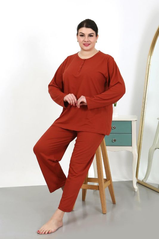 Moda Çizgi Kadın Büyük Beden Uzun Kol Penye Pijama Takımı Kiremit 202501 - 1