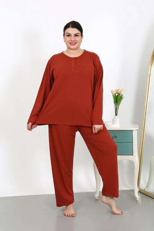 Moda Çizgi Kadın Büyük Beden Uzun Kol Penye Pijama Takımı Kiremit 202501 - 2